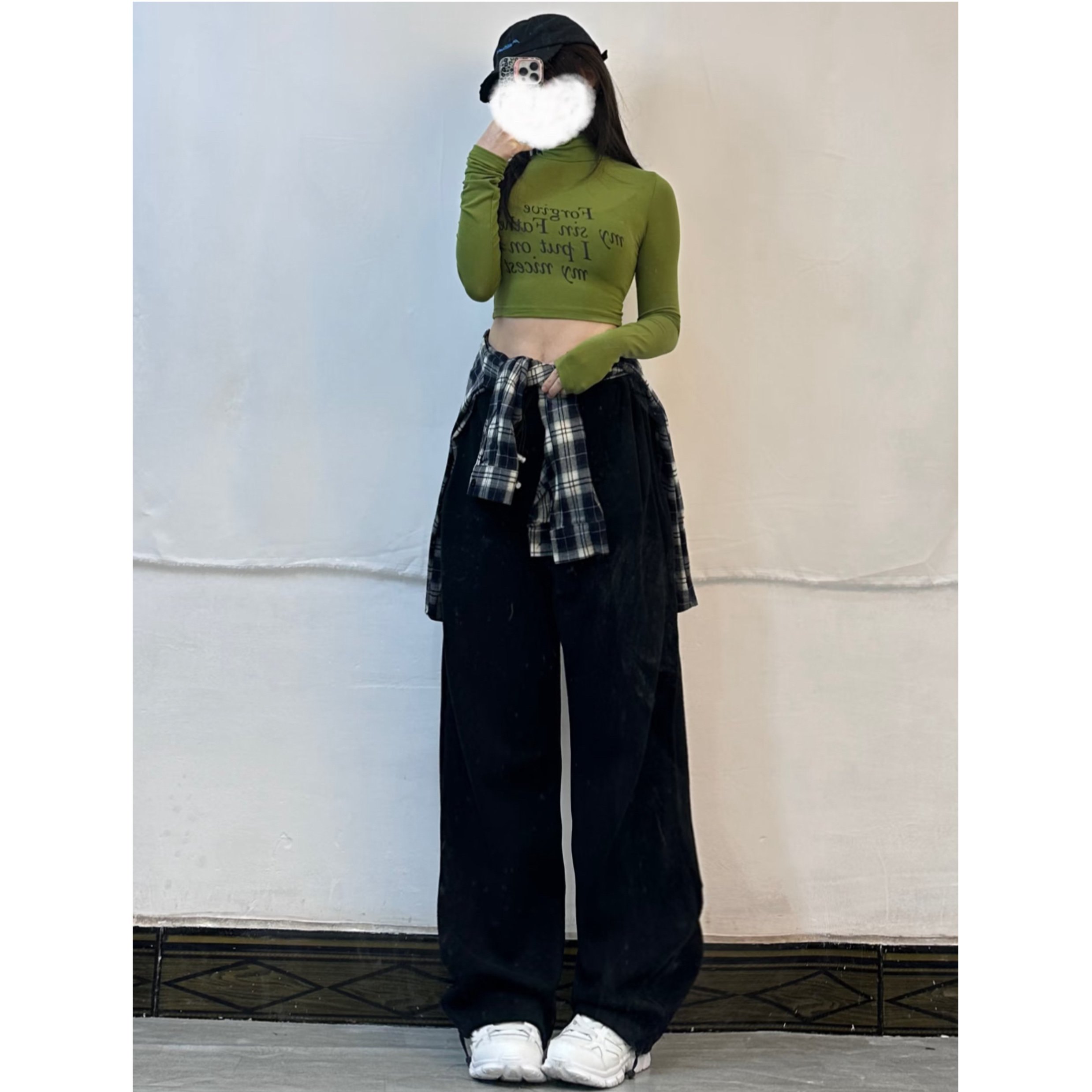 Women's K-Pop Long Sleeve T-Shirt with Green Letter Print - Autumn Winter Jazz Dance Top and Long Pants Set
