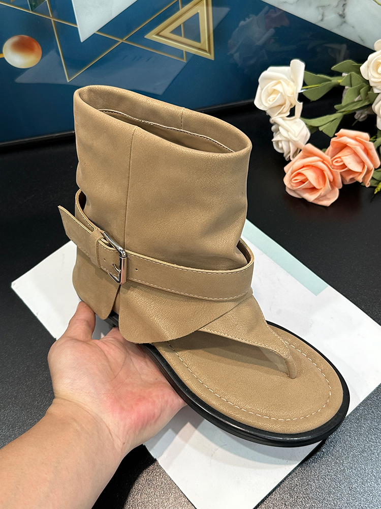 Women's Khaki Flat-Heeled Summer Short Boots - Trendy 1.5cm Thong Sandals for Versatile Summer Style