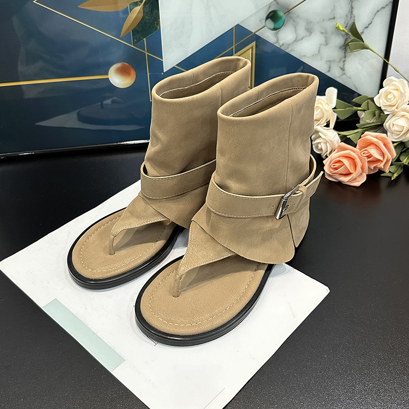 Women's Khaki Flat-Heeled Summer Short Boots - Trendy 1.5cm Thong Sandals for Versatile Summer Style
