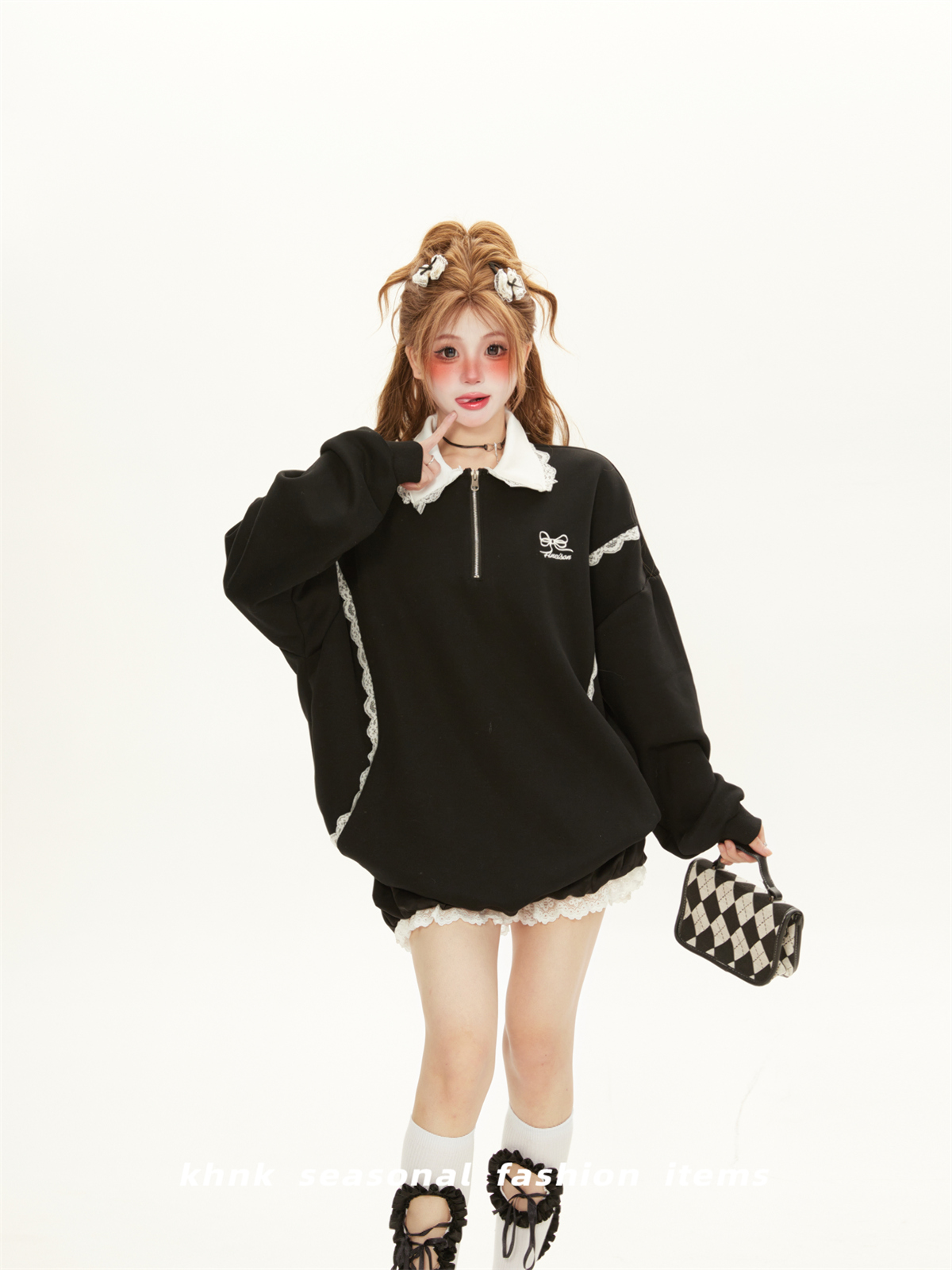 Women's Korean Style Patchwork Lace Collar Polo Sweatshirt - Hoodless, Loose-Fitting Pullover for Spring & Autumn Fashion