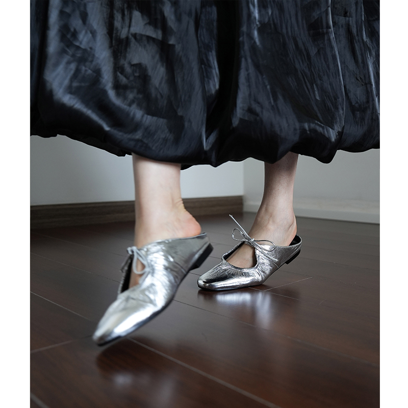 Women's Lace-Up Silver Square Toe Flat Sandals - Summer Outdoor Mules, Simple Half Slippers for Casual Style Women's Lace-Up Silver Square Toe Flat Sandals - Summer Outdoor Mules, Simple Half Slippers for Casual Style