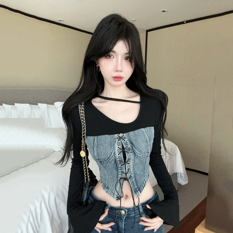 Women's Long-Sleeve Denim Patchwork Jazz Top for K-Pop Music Festival, Unique and Stylish Design, Trendy Women's T-shirt Women's Long-Sleeve Denim Patchwork Jazz Top for K-Pop Music Festival, Unique and Stylish Design, Trendy Women's T-shirt