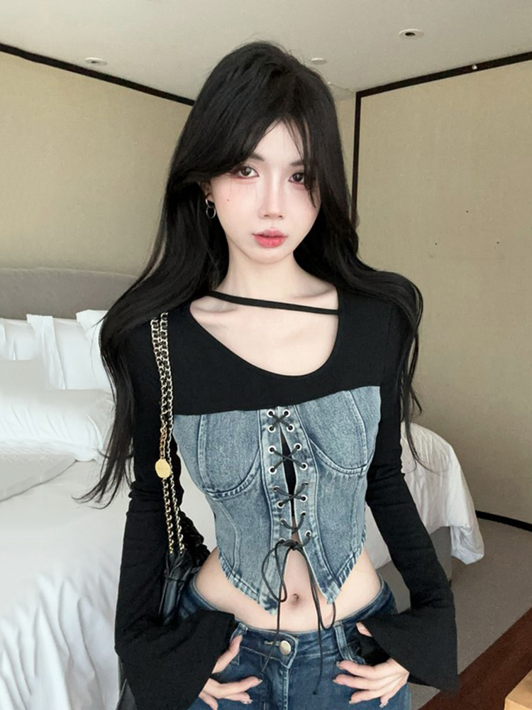 Women's Long-Sleeve Denim Patchwork Jazz Top for K-Pop Music Festival, Unique and Stylish Design, Trendy Women's T-shirt Women's Long-Sleeve Denim Patchwork Jazz Top for K-Pop Music Festival, Unique and Stylish Design, Trendy Women's T-shirt