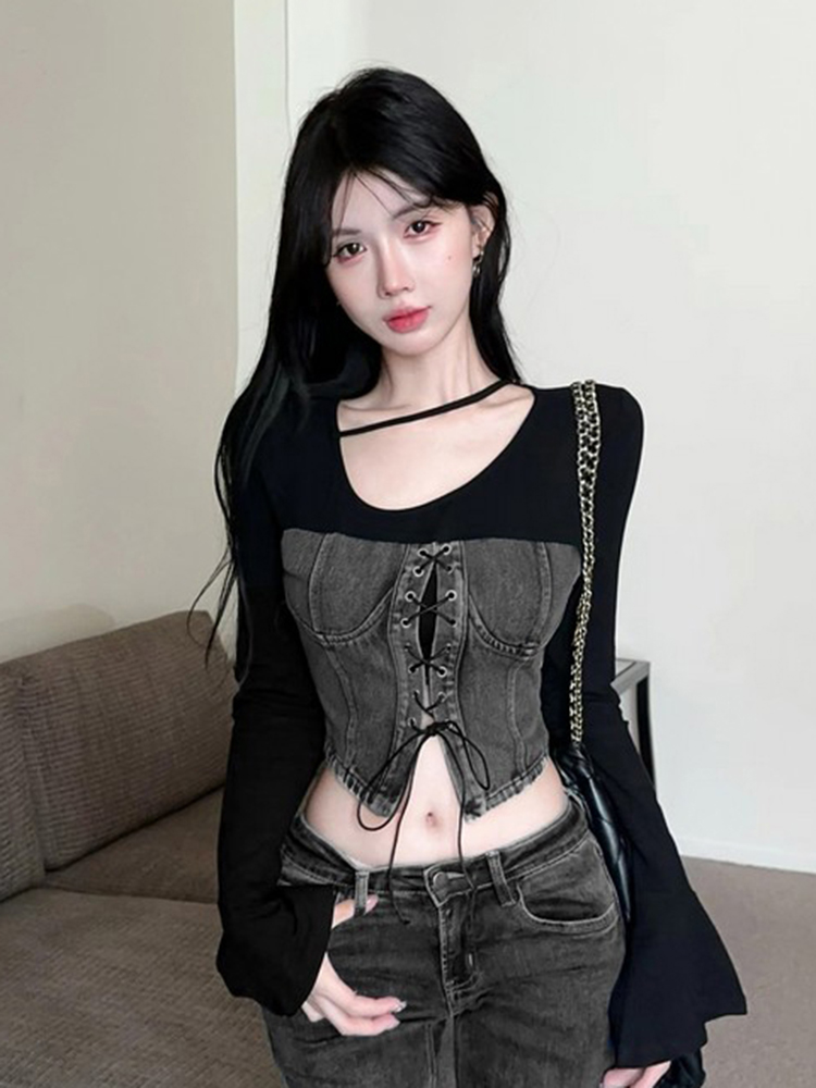 Women's Long-Sleeve Denim Patchwork Jazz Top for K-Pop Music Festival, Unique and Stylish Design, Trendy Women's T-shirt Women's Long-Sleeve Denim Patchwork Jazz Top for K-Pop Music Festival, Unique and Stylish Design, Trendy Women's T-shirt