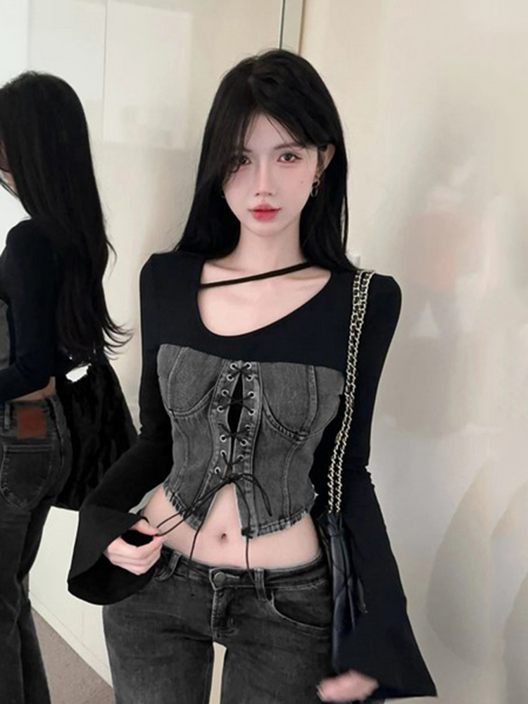 Women's Long-Sleeve Denim Patchwork Jazz Top for K-Pop Music Festival, Unique and Stylish Design, Trendy Women's T-shirt