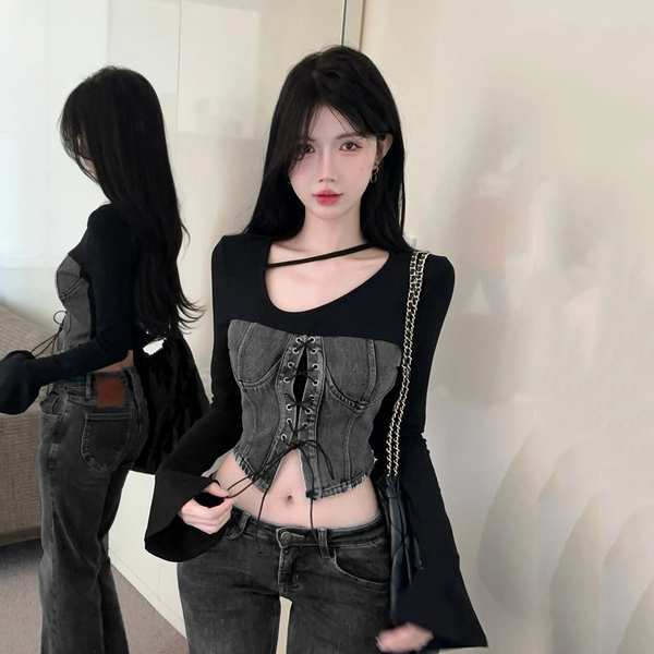 Women's Long-Sleeve Denim Patchwork Jazz Top for K-Pop Music Festival, Unique and Stylish Design, Trendy Women's T-shirt