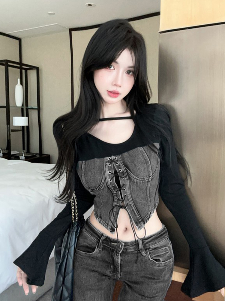 Women's Long-Sleeve Denim Patchwork Jazz Top for K-Pop Music Festival, Unique and Stylish Design, Trendy Women's T-shirt Women's Long-Sleeve Denim Patchwork Jazz Top for K-Pop Music Festival, Unique and Stylish Design, Trendy Women's T-shirt