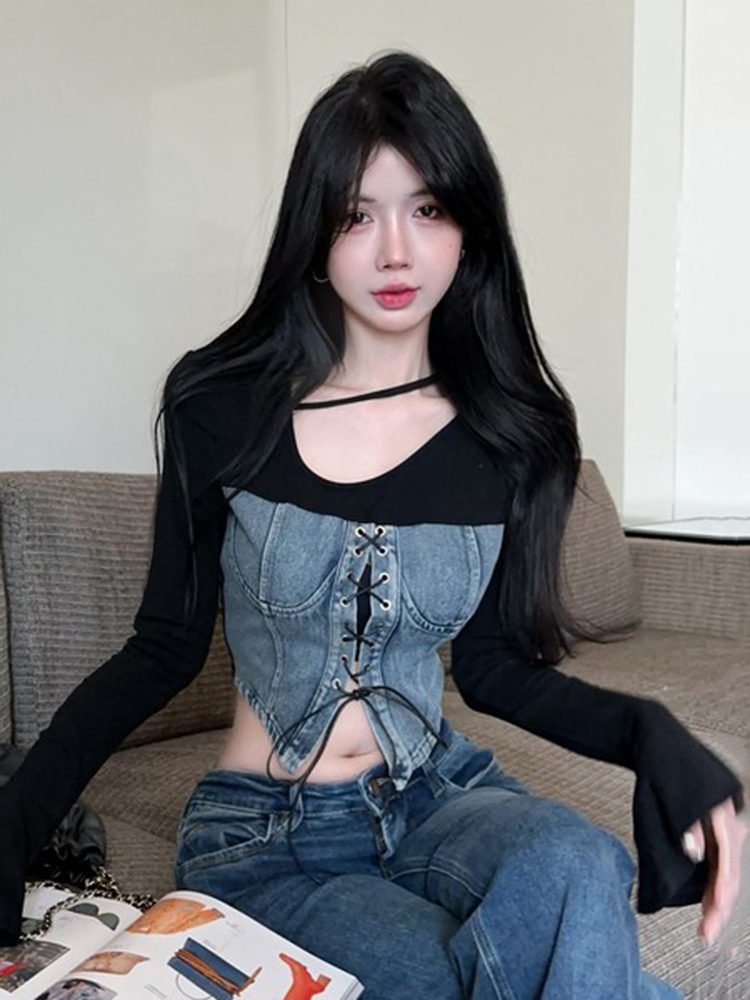 Women's Long-Sleeve Denim Patchwork Jazz Top for K-Pop Music Festival, Unique and Stylish Design, Trendy Women's T-shirt Women's Long-Sleeve Denim Patchwork Jazz Top for K-Pop Music Festival, Unique and Stylish Design, Trendy Women's T-shirt