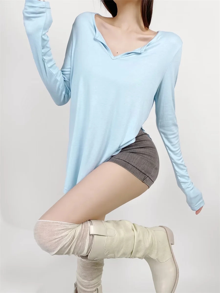 Womenâ€™s Long Sleeve V-Neck T-Shirt - Trendy Loose Fit Summer Sun Protection Top in Jazz Lazy Style