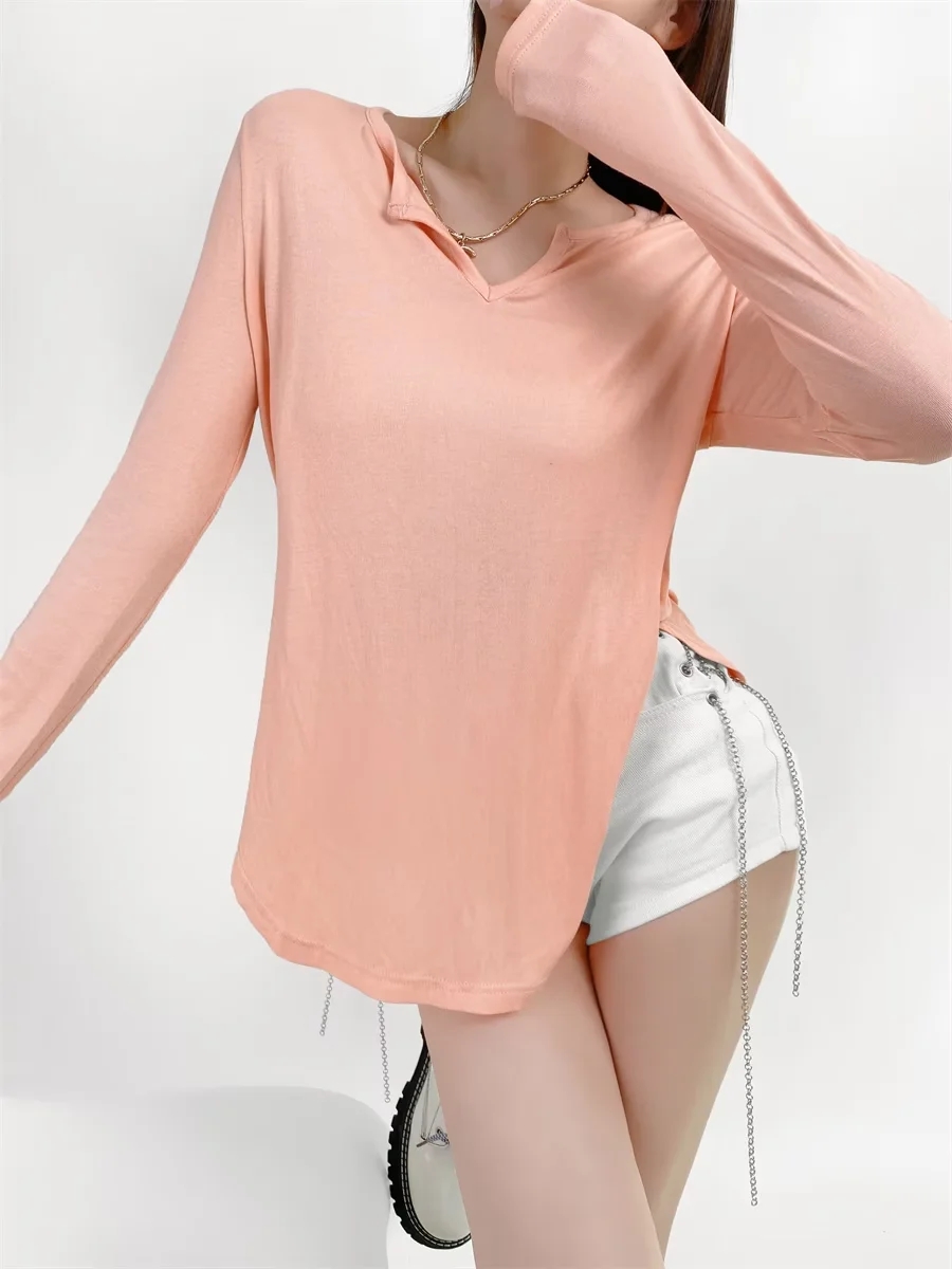 Women’s Long Sleeve V-Neck T-Shirt - Trendy Loose Fit Summer Sun Protection Top in Jazz Lazy Style Women’s Long Sleeve V-Neck T-Shirt - Trendy Loose Fit Summer Sun Protection Top in Jazz Lazy Style