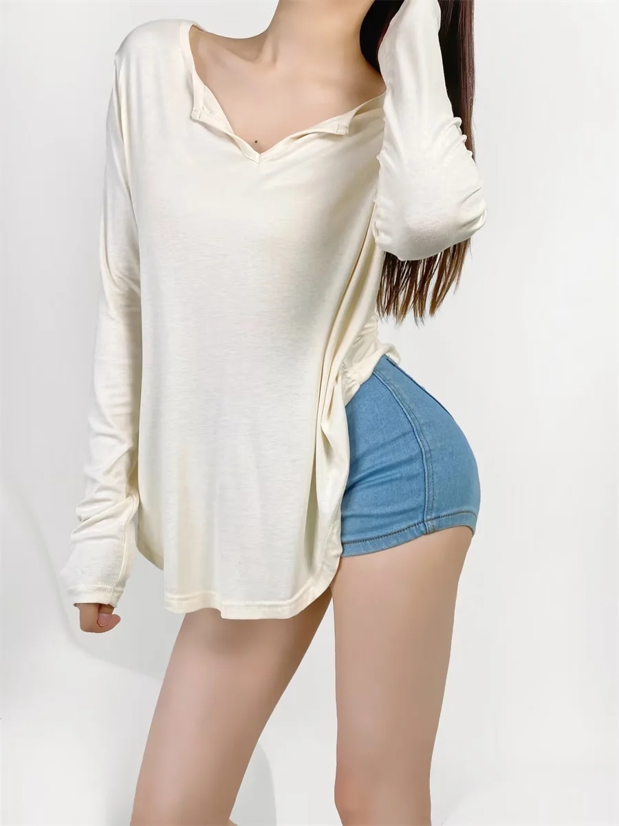 Women’s Long Sleeve V-Neck T-Shirt - Trendy Loose Fit Summer Sun Protection Top in Jazz Lazy Style Women’s Long Sleeve V-Neck T-Shirt - Trendy Loose Fit Summer Sun Protection Top in Jazz Lazy Style