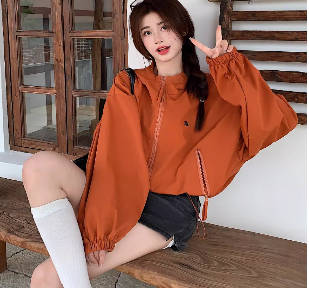 Women's Loose Sports Windbreaker Jacket with Drawstring, Double Zipper, and Hood - Casual Street Style Outerwear