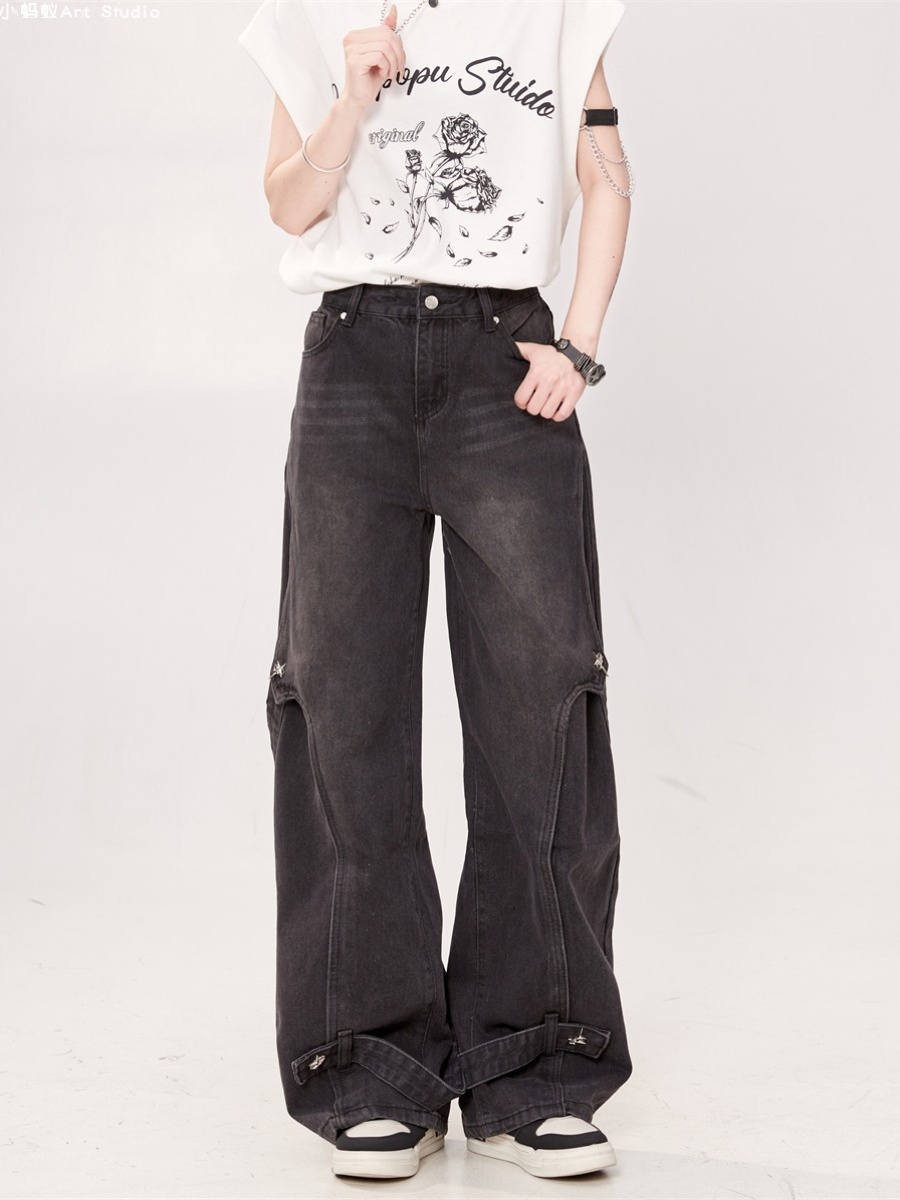 Women's Loose Straight Patchwork Denim Cargo Pants - Versatile High Street Style for Autumn 2025