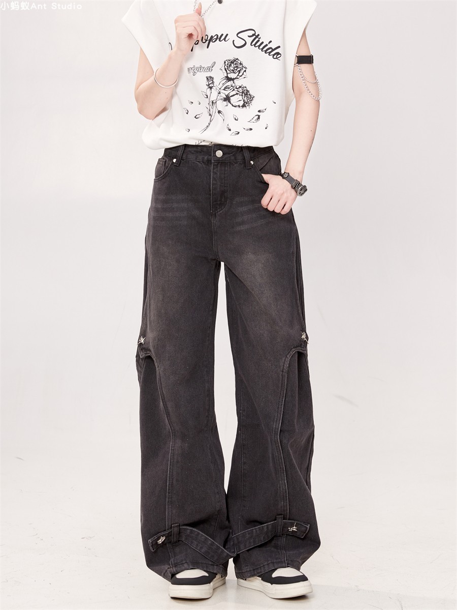 Women's Loose Straight Patchwork Denim Cargo Pants - Versatile High Street Style for Autumn 2025