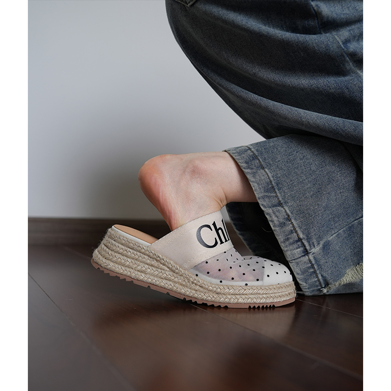 Women’s Mesh Toe Cap Slippers - Flat Thick-Soled, Height-Increasing, Simple Versatile Half-Drag Straw Woven Design Women’s Mesh Toe Cap Slippers - Flat Thick-Soled, Height-Increasing, Simple Versatile Half-Drag Straw Woven Design