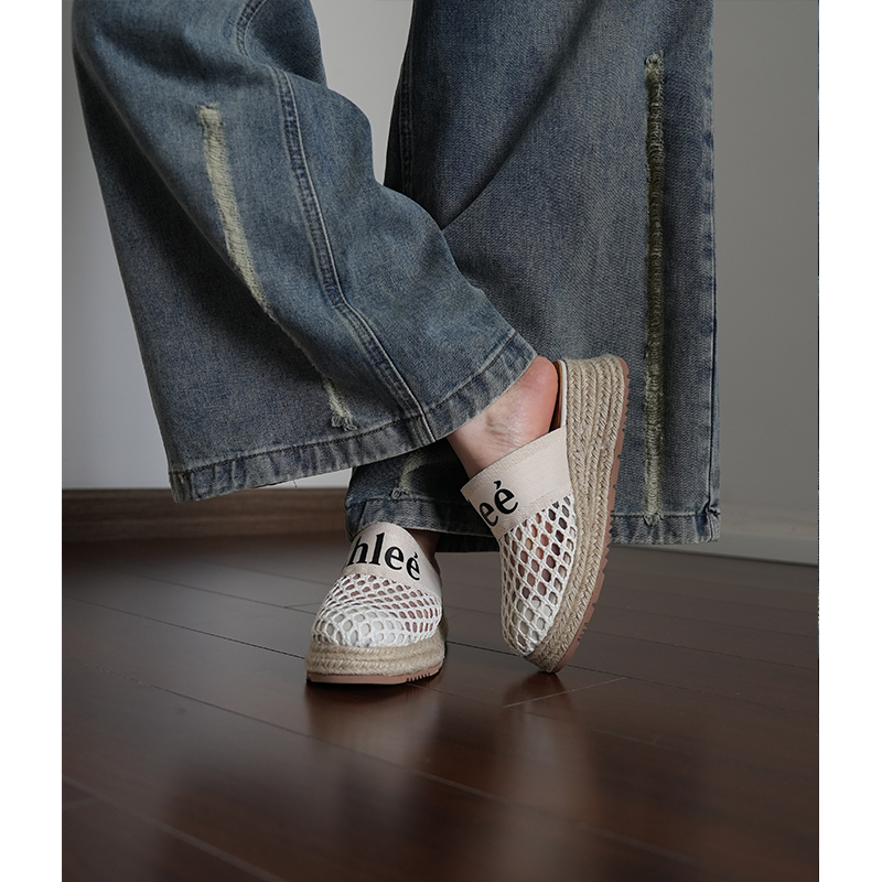 Womenâ€™s Mesh Toe Cap Slippers - Flat Thick-Soled, Height-Increasing, Simple Versatile Half-Drag Straw Woven Design