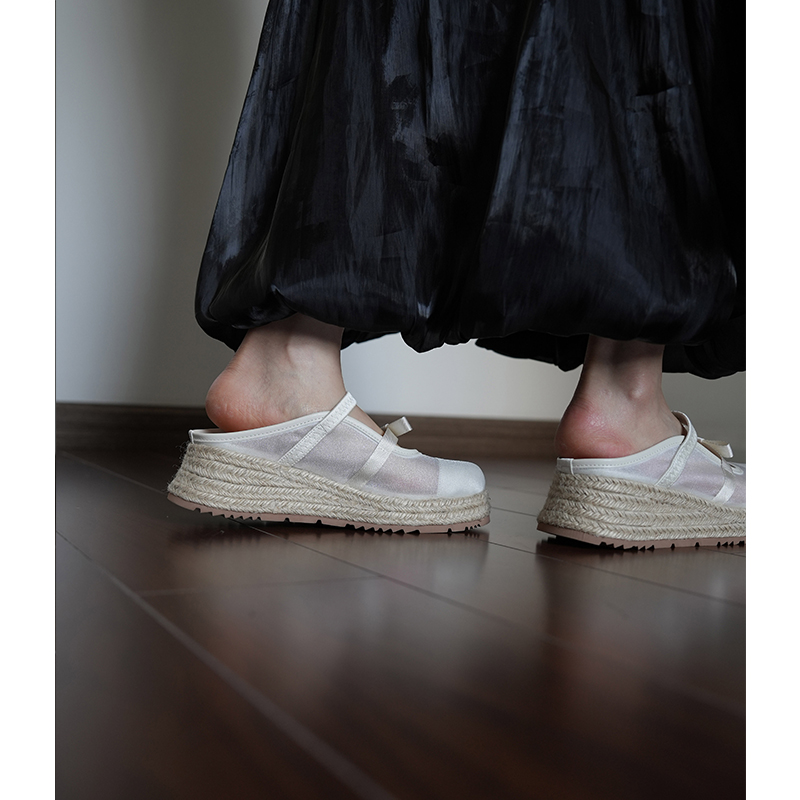 Women's Mesh Toe Cap Slippers, Thick-Soled Wedge Sandals with Bowknot, Summer Outdoor Footwear, Trendy Casual Style