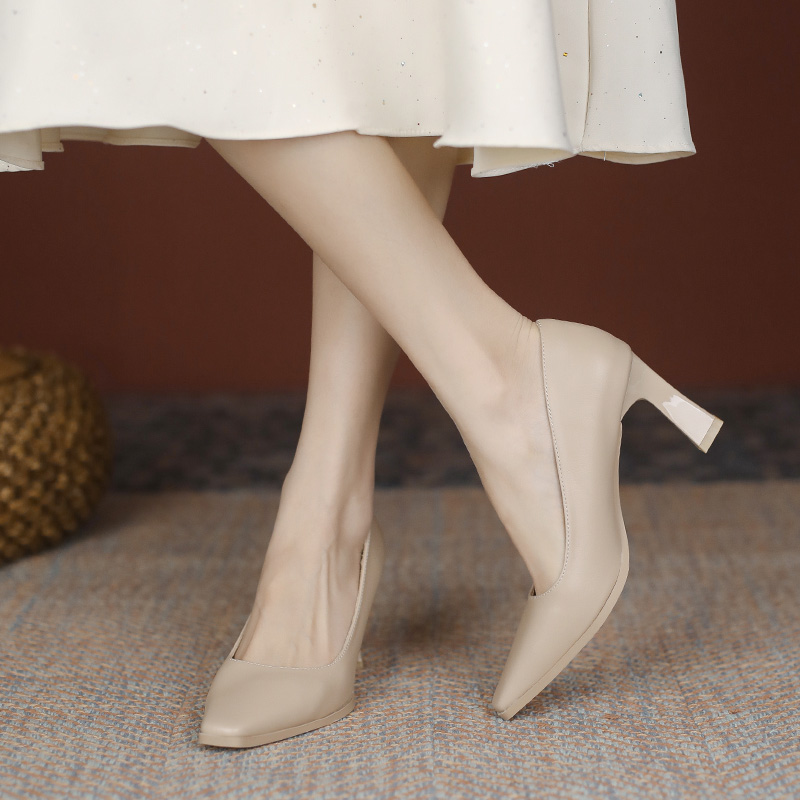 Women's Nude High Heels, 2025 French Style Small Square Toe Retro Flats, Soft Leather, Non-Chafing Professional Work Shoes