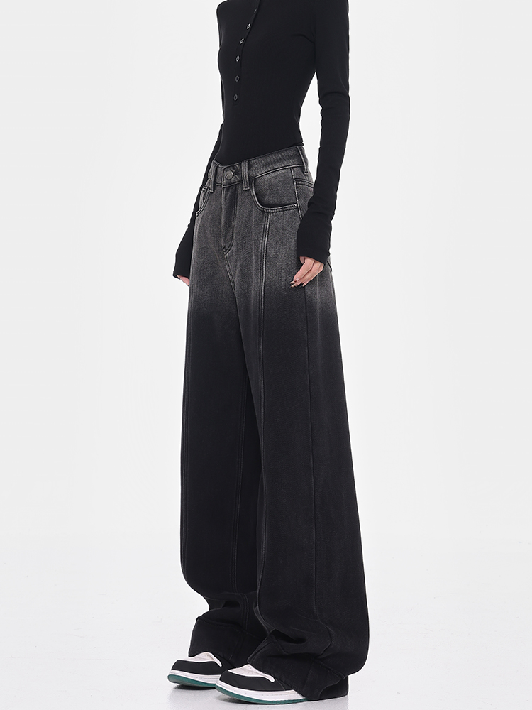 Womenâ€™s Ombre Design Wide-Leg Fleece Jeans - Black Straight Loose Floor-Length Pants for Winter Style