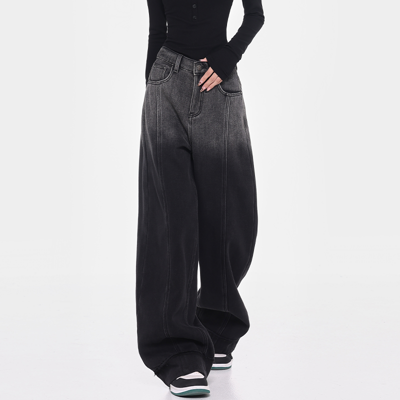 Womenâ€™s Ombre Design Wide-Leg Fleece Jeans - Black Straight Loose Floor-Length Pants for Winter Style