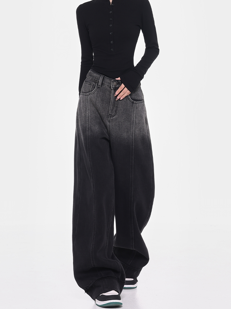 Women’s Ombre Design Wide-Leg Fleece Jeans - Black Straight Loose Floor-Length Pants for Winter Style Women’s Ombre Design Wide-Leg Fleece Jeans - Black Straight Loose Floor-Length Pants for Winter Style