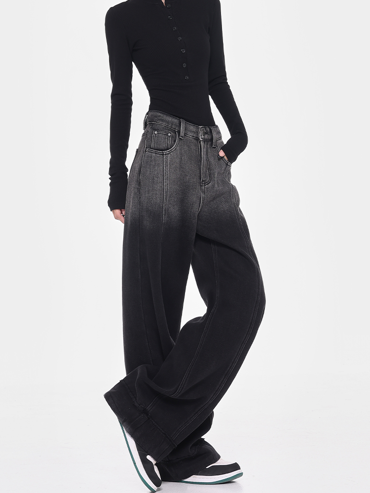 Women’s Ombre Design Wide-Leg Fleece Jeans - Black Straight Loose Floor-Length Pants for Winter Style Women’s Ombre Design Wide-Leg Fleece Jeans - Black Straight Loose Floor-Length Pants for Winter Style