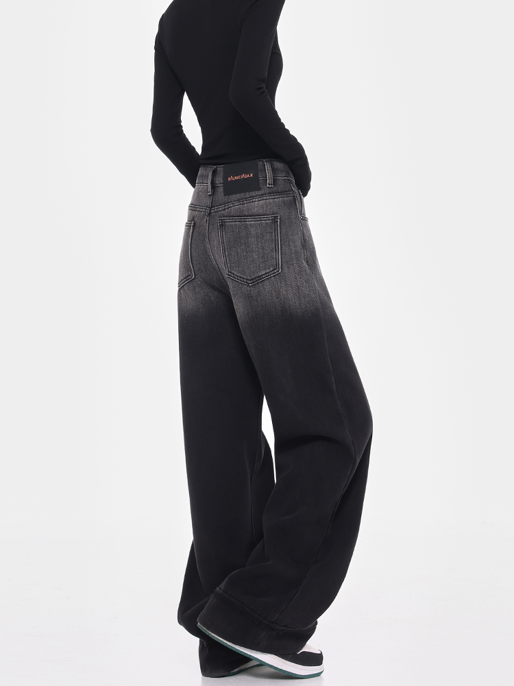 Women’s Ombre Design Wide-Leg Fleece Jeans - Black Straight Loose Floor-Length Pants for Winter Style Women’s Ombre Design Wide-Leg Fleece Jeans - Black Straight Loose Floor-Length Pants for Winter Style