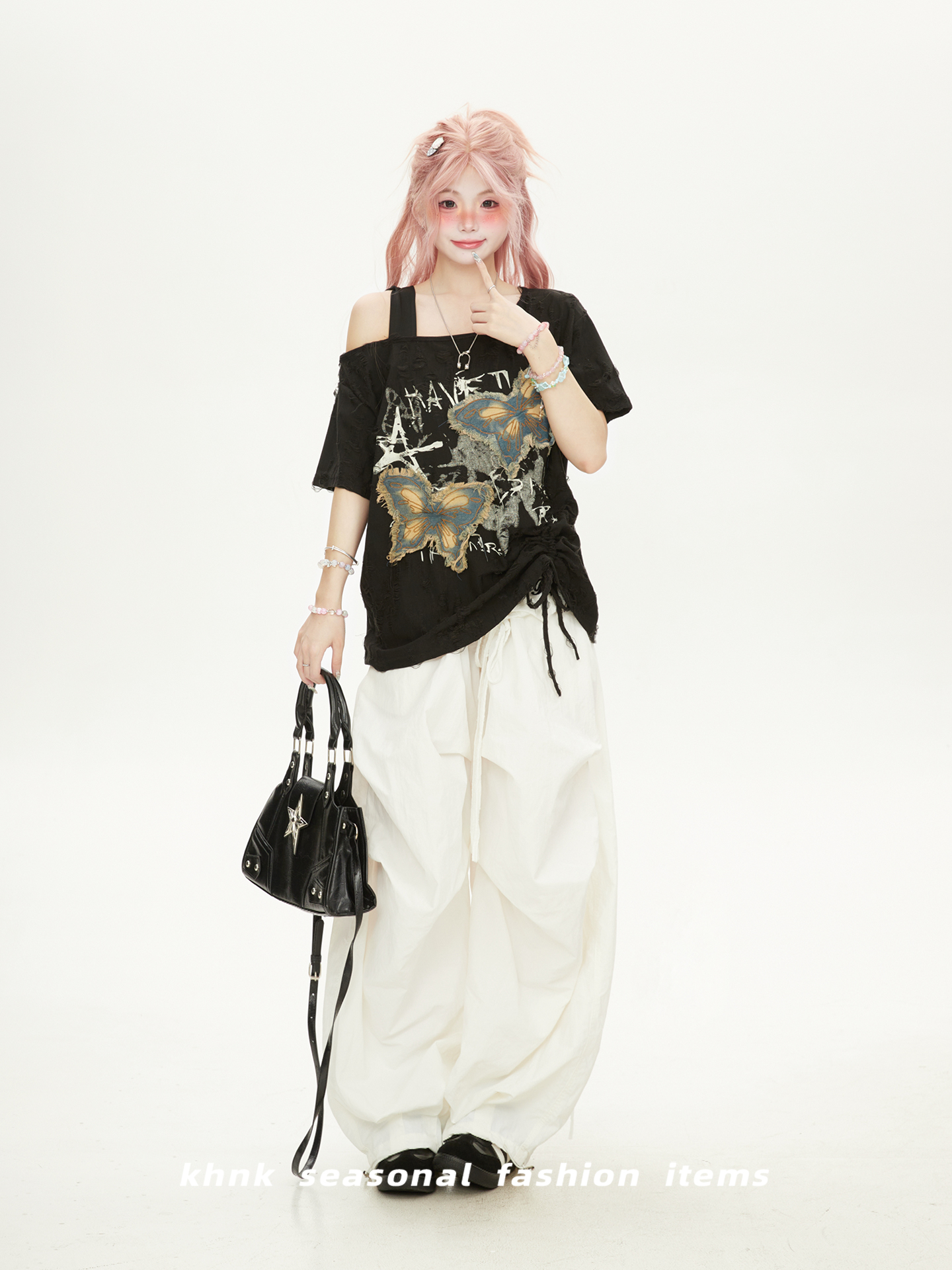 Womenâ€™s One-Shoulder Butterfly Patch Embroidered Short Sleeve T-Shirt - Summer Ripped Off-Shoulder Hot Girl Style