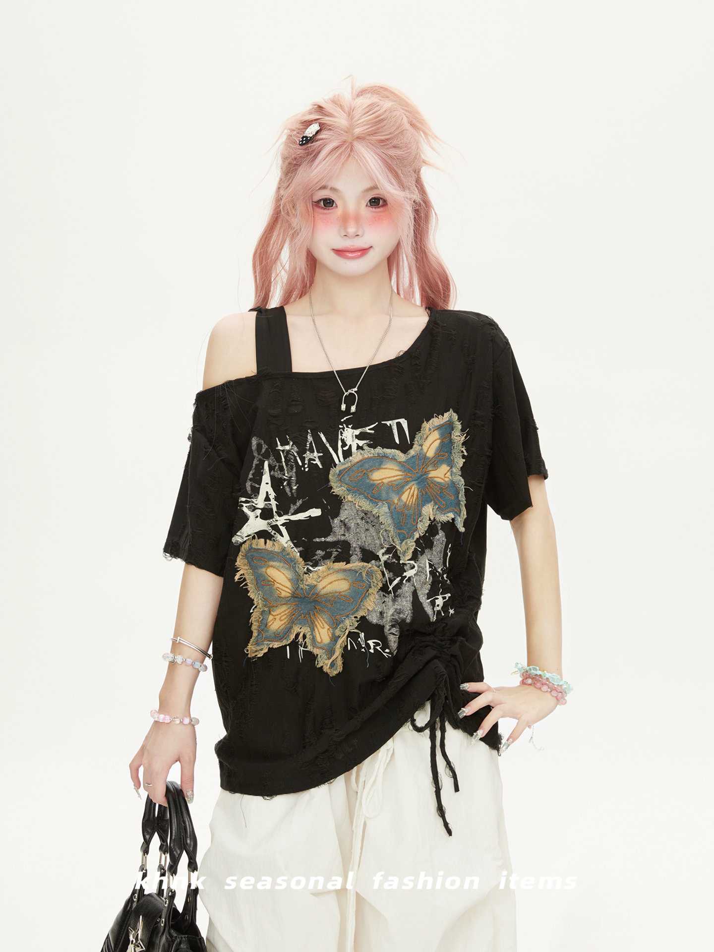 Women’s One-Shoulder Butterfly Patch Embroidered Short Sleeve T-Shirt - Summer Ripped Off-Shoulder Hot Girl Style Women’s One-Shoulder Butterfly Patch Embroidered Short Sleeve T-Shirt - Summer Ripped Off-Shoulder Hot Girl Style