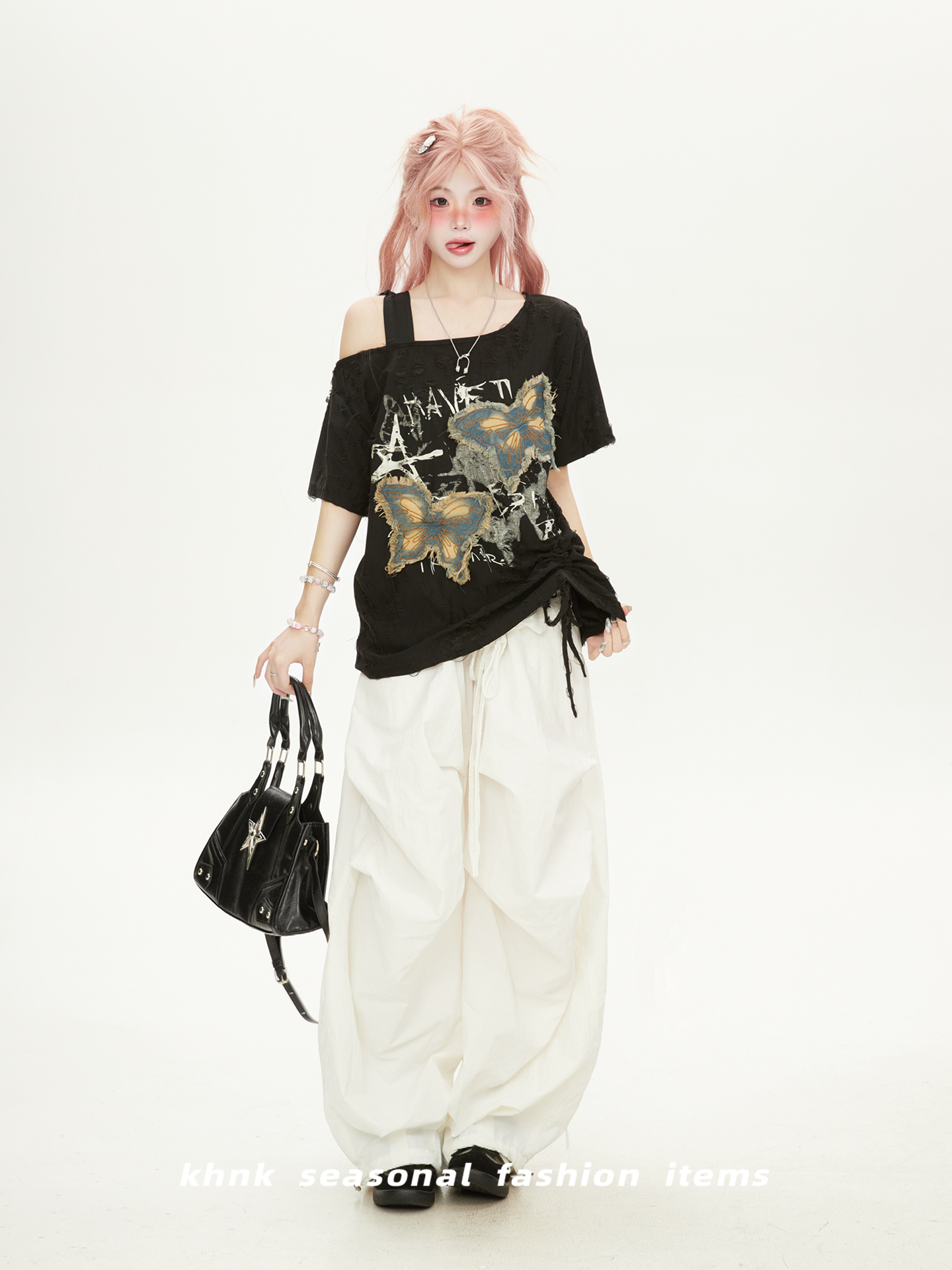 Women’s One-Shoulder Butterfly Patch Embroidered Short Sleeve T-Shirt - Summer Ripped Off-Shoulder Hot Girl Style Women’s One-Shoulder Butterfly Patch Embroidered Short Sleeve T-Shirt - Summer Ripped Off-Shoulder Hot Girl Style