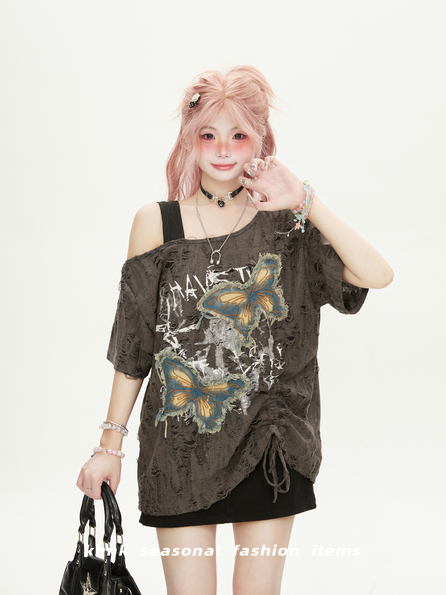 Women’s One-Shoulder Butterfly Patch Embroidered Short Sleeve T-Shirt - Summer Ripped Off-Shoulder Hot Girl Style Women’s One-Shoulder Butterfly Patch Embroidered Short Sleeve T-Shirt - Summer Ripped Off-Shoulder Hot Girl Style