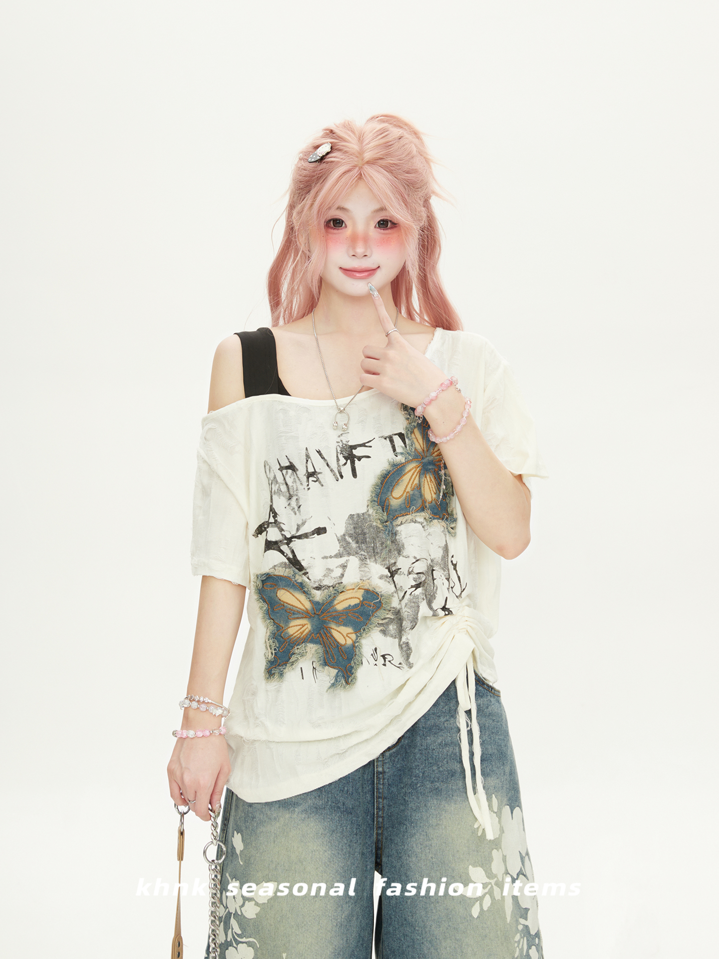 Women’s One-Shoulder Butterfly Patch Embroidered Short Sleeve T-Shirt - Summer Ripped Off-Shoulder Hot Girl Style Women’s One-Shoulder Butterfly Patch Embroidered Short Sleeve T-Shirt - Summer Ripped Off-Shoulder Hot Girl Style