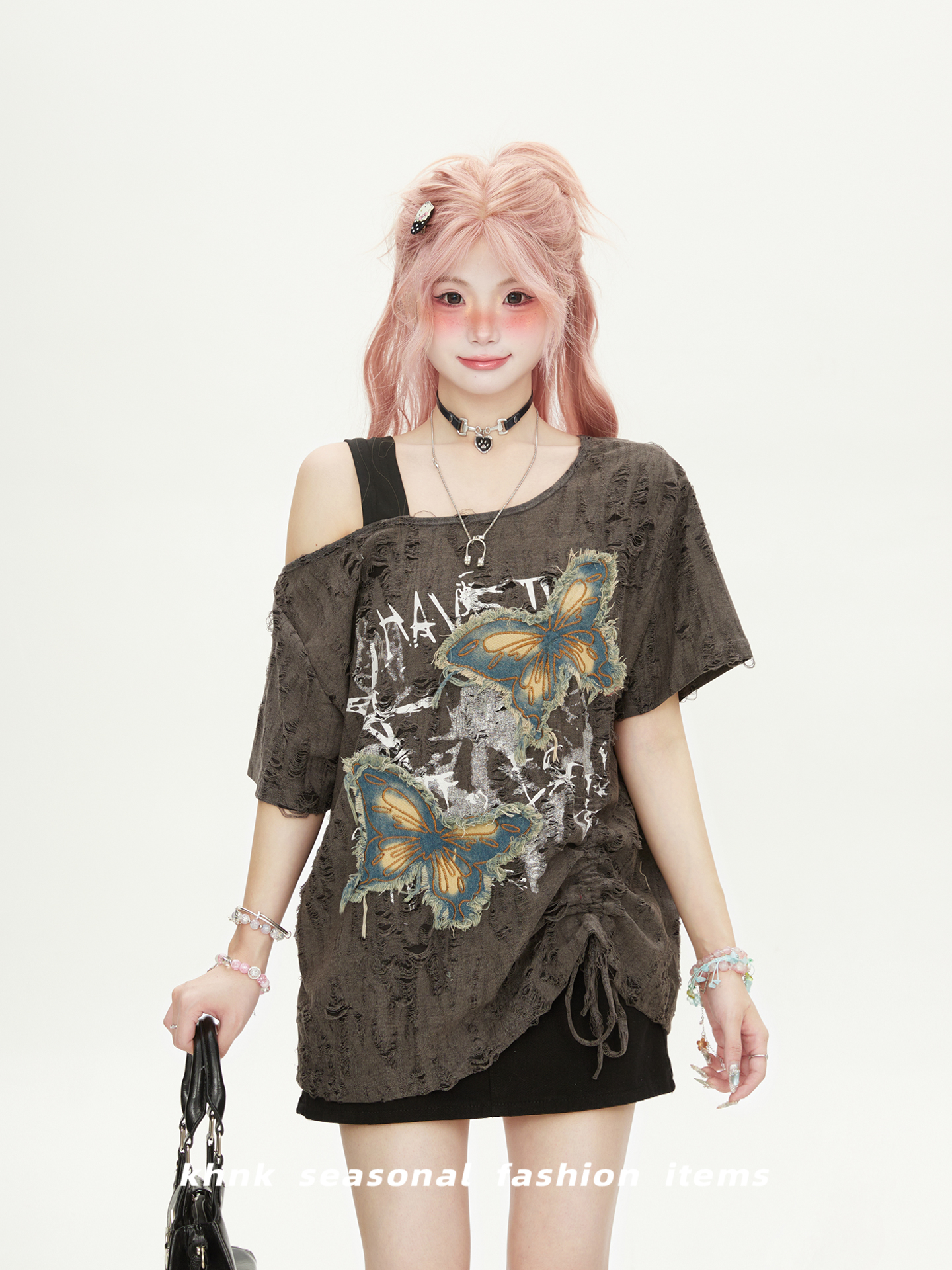 Womenâ€™s One-Shoulder Butterfly Patch Embroidered Short Sleeve T-Shirt - Summer Ripped Off-Shoulder Hot Girl Style