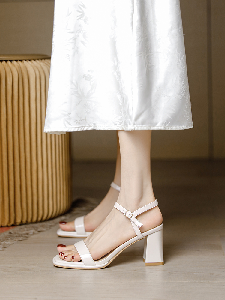 Women's Open-Toe Chunky Heel Sandals - 2025 Summer Fairy Style One-Strap High Heels in Off-White, Perfect for Skirts and Casual Outfits
