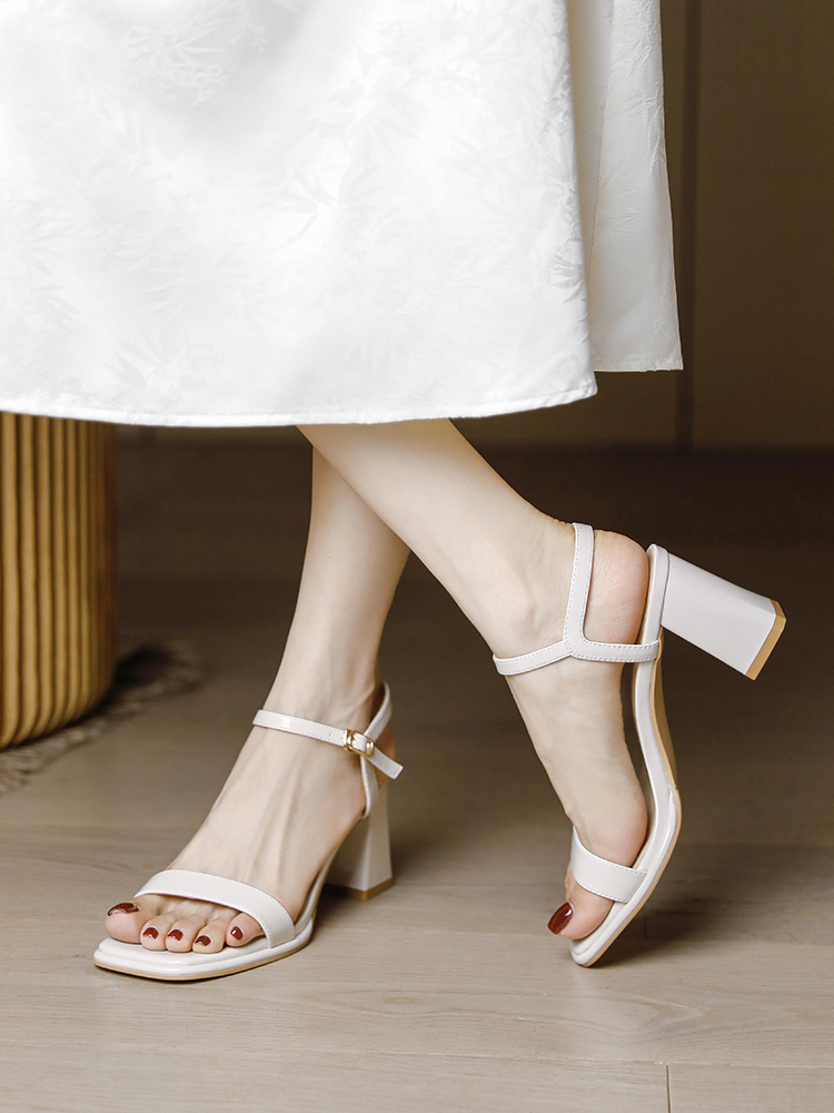 Women's Open-Toe Chunky Heel Sandals - 2025 Summer Fairy Style One-Strap High Heels in Off-White, Perfect for Skirts and Casual Outfits Women's Open-Toe Chunky Heel Sandals - 2025 Summer Fairy Style One-Strap High Heels in Off-White, Perfect for Skirts and Casual Outfits