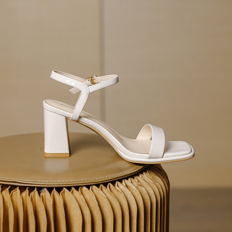 Women's Open-Toe Chunky Heel Sandals - 2025 Summer Fairy Style One-Strap High Heels in Off-White, Perfect for Skirts and Casual Outfits