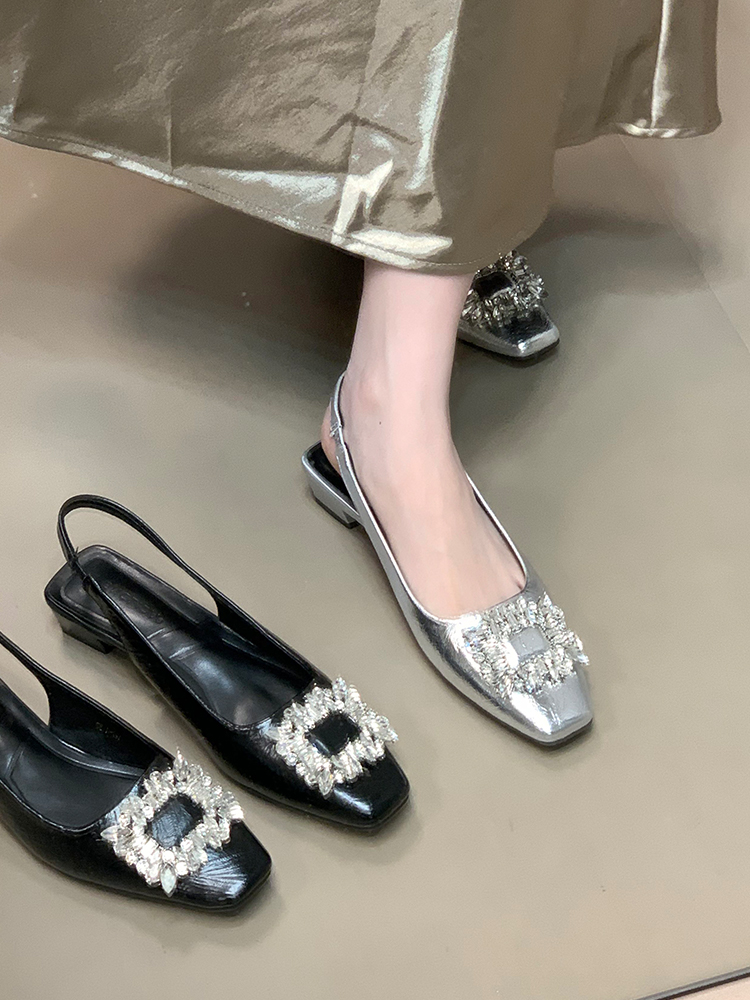 Women's Open-Toe Chunky Heels Sandals with Rhinestones, Elegant Backless Design for Skirts, 2025 Trendy French Style