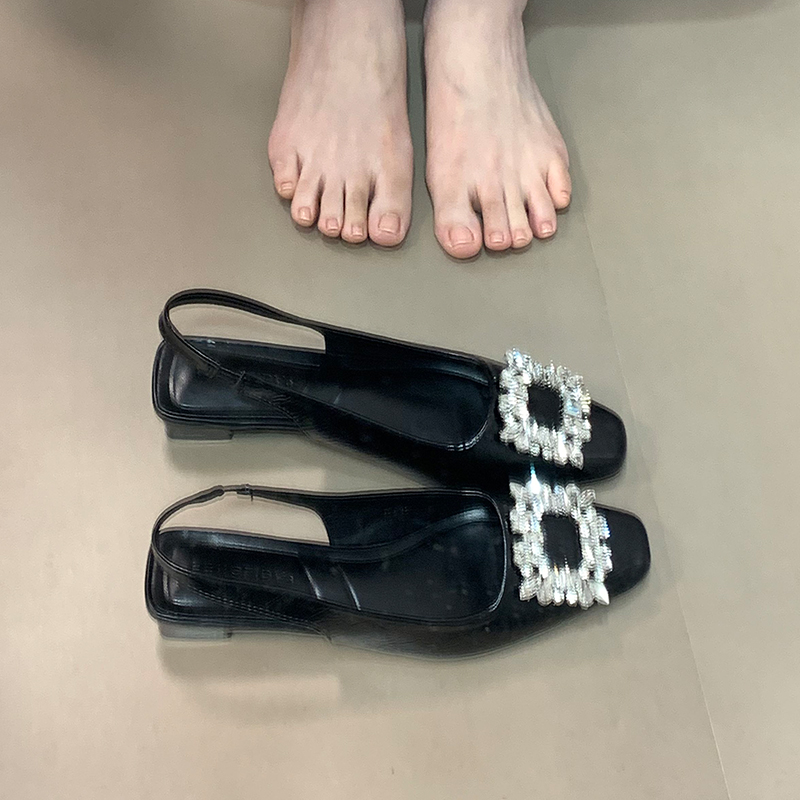 Women's Open-Toe Chunky Heels Sandals with Rhinestones, Elegant Backless Design for Skirts, 2025 Trendy French Style