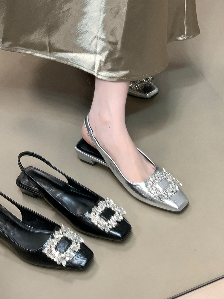 Women's Open-Toe Chunky Heels Sandals with Rhinestones, Elegant Backless Design for Skirts, 2025 Trendy French Style Women's Open-Toe Chunky Heels Sandals with Rhinestones, Elegant Backless Design for Skirts, 2025 Trendy French Style