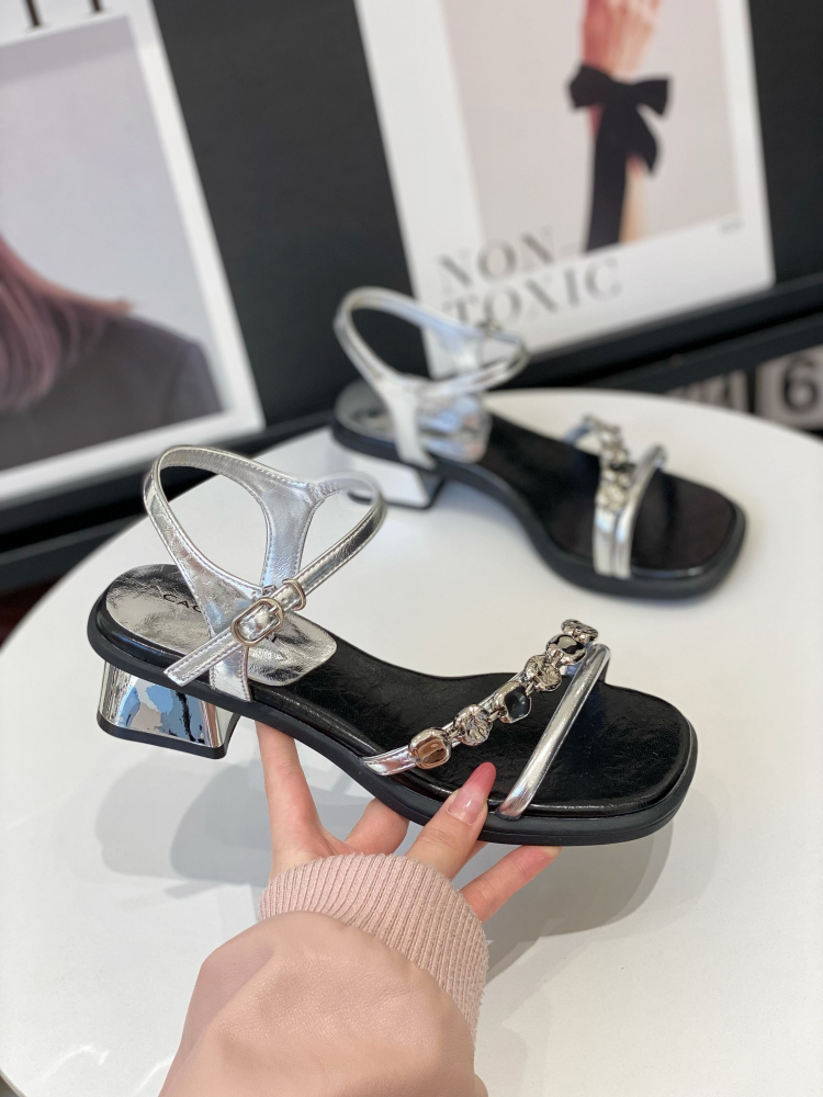 Women's Open-Toe One-Strap Chunky Heel Sandals, Silver Fairy Style, French Square Toe, Elegant Roman Summer Shoes 2025