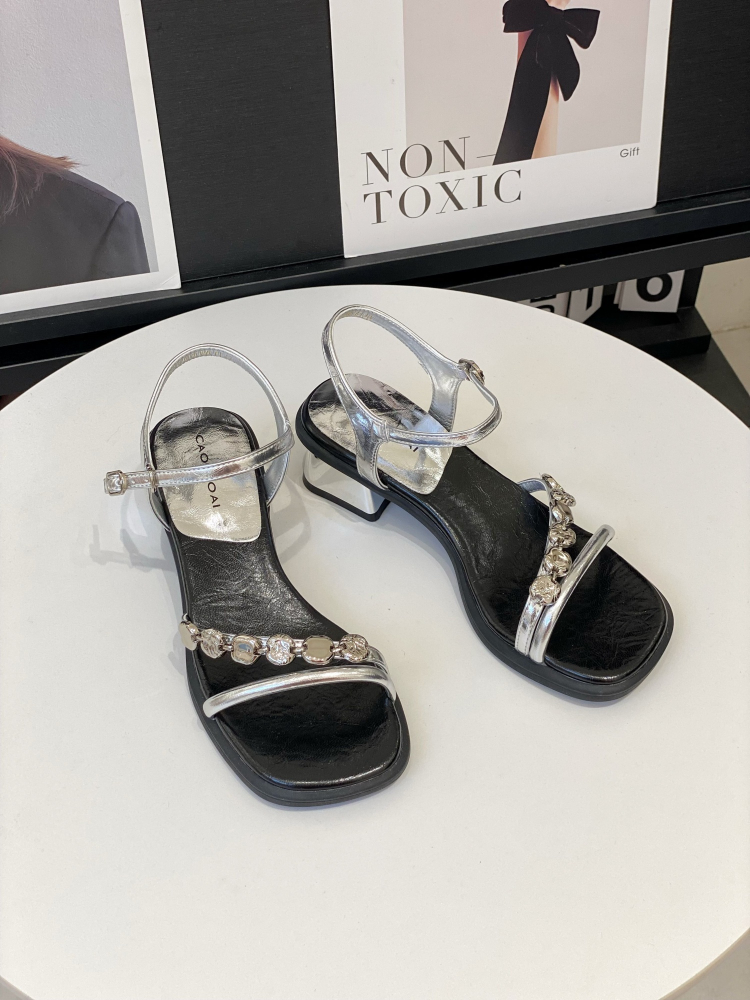 Women's Open-Toe One-Strap Chunky Heel Sandals, Silver Fairy Style, French Square Toe, Elegant Roman Summer Shoes 2025 Women's Open-Toe One-Strap Chunky Heel Sandals, Silver Fairy Style, French Square Toe, Elegant Roman Summer Shoes 2025