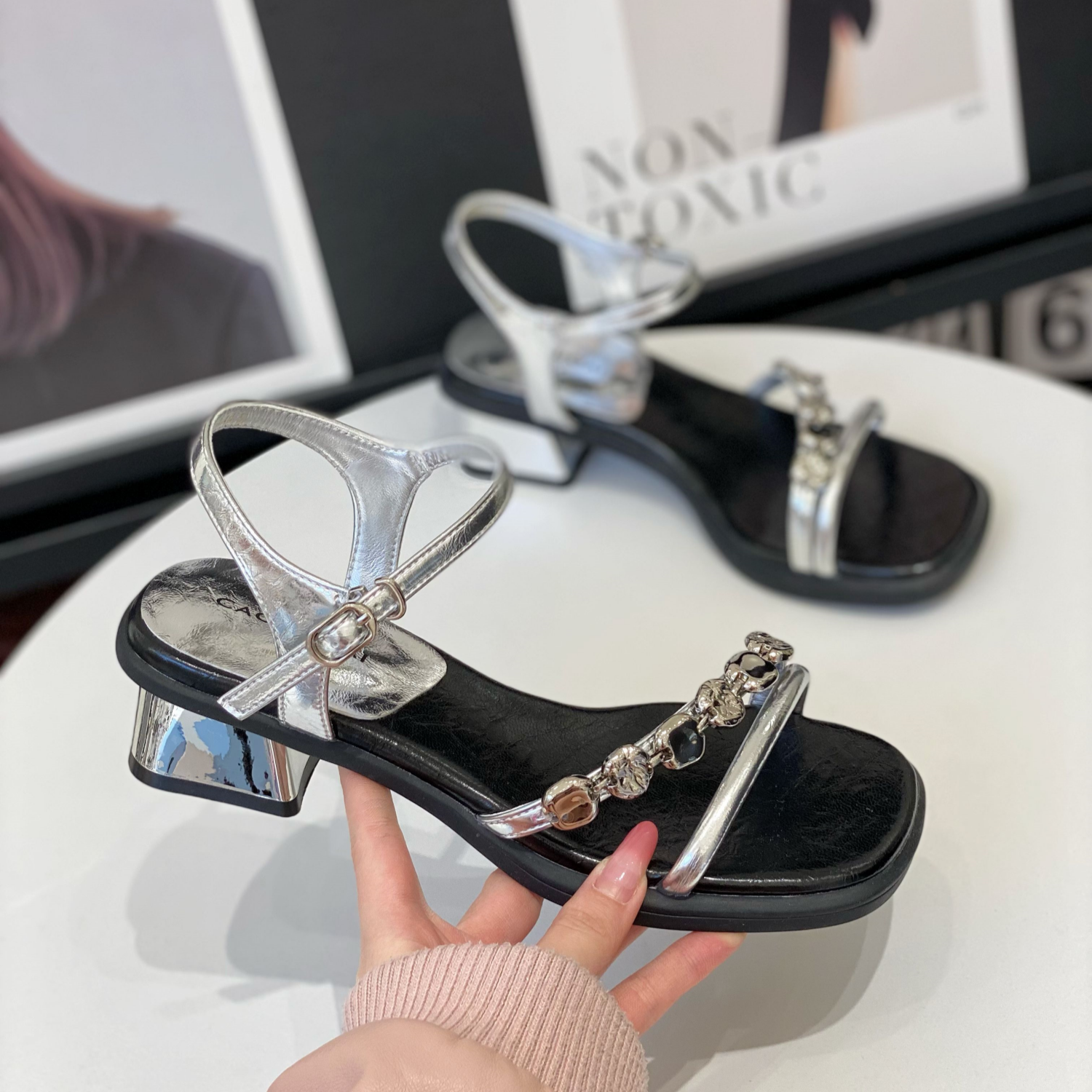 Women's Open-Toe One-Strap Chunky Heel Sandals, Silver Fairy Style, French Square Toe, Elegant Roman Summer Shoes 2025