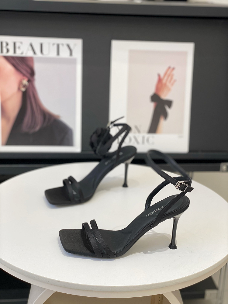 Women's Open-Toe Square-Toed Sandals, Summer 2025 Style, Single Strap Thin High Heels, Perfect for Skirts, Chic European & American Design