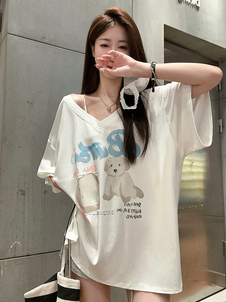 Women's Oversized Hip-Hop Drop Shoulder V-Neck T-Shirt - Loose Fit Short Sleeve Top in Casual Streetwear Style