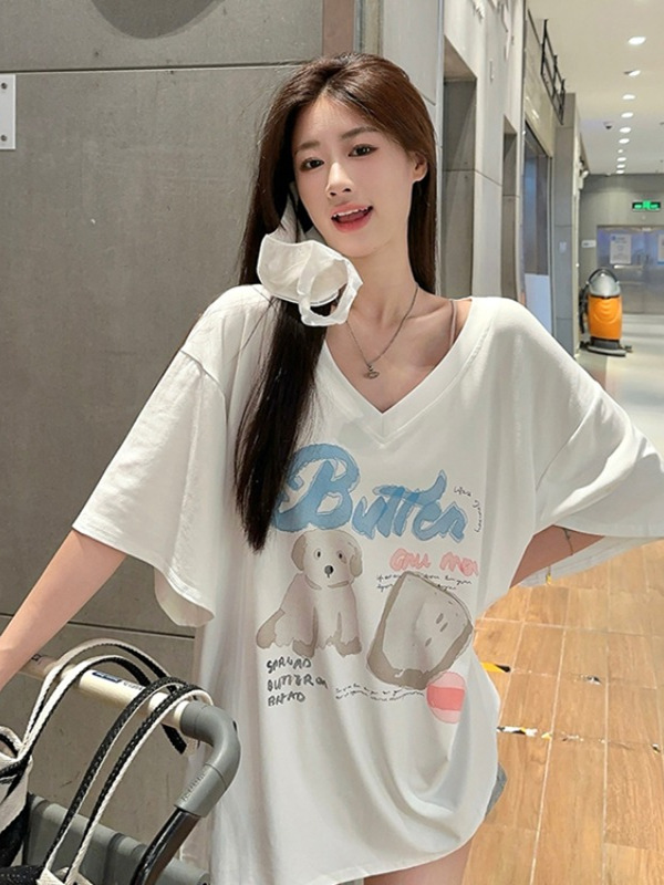 Women's Oversized Hip-Hop Drop Shoulder V-Neck T-Shirt - Loose Fit Short Sleeve Top in Casual Streetwear Style Women's Oversized Hip-Hop Drop Shoulder V-Neck T-Shirt - Loose Fit Short Sleeve Top in Casual Streetwear Style