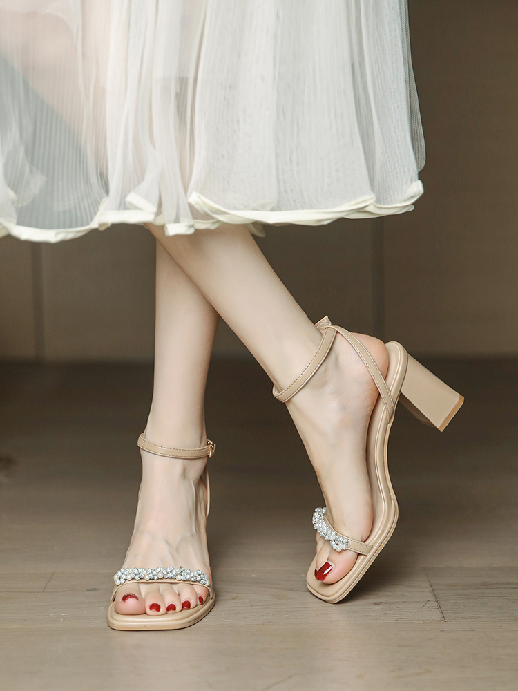 Women's Pearl High-Heeled Sandals, Chunky Heel Open-Toe Roman Shoes, Versatile One-Strap Design, Summer Style 2025 Women's Pearl High-Heeled Sandals, Chunky Heel Open-Toe Roman Shoes, Versatile One-Strap Design, Summer Style 2025