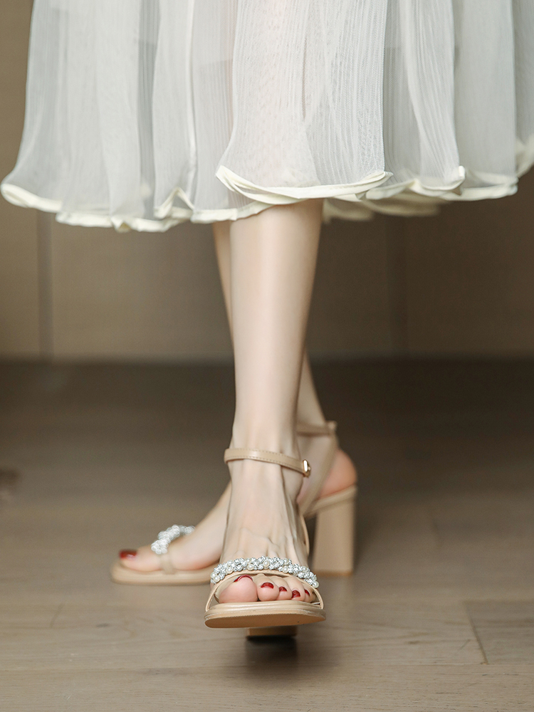 Women's Pearl High-Heeled Sandals, Chunky Heel Open-Toe Roman Shoes, Versatile One-Strap Design, Summer Style 2025 Women's Pearl High-Heeled Sandals, Chunky Heel Open-Toe Roman Shoes, Versatile One-Strap Design, Summer Style 2025