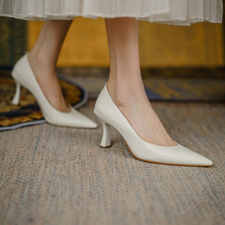 Women's Pointed Toe Black Work Shoes - 7cm Thin Heel Genuine Leather Office Flats for Commuter Style