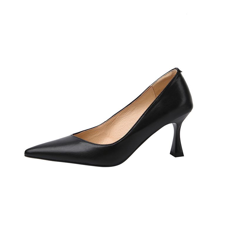 Women's Pointed Toe Black Work Shoes - 7cm Thin Heel Genuine Leather Office Flats for Commuter Style Women's Pointed Toe Black Work Shoes - 7cm Thin Heel Genuine Leather Office Flats for Commuter Style