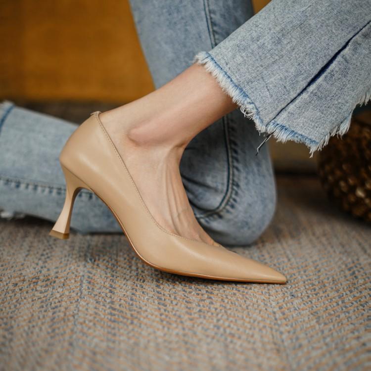 Women's Pointed Toe Black Work Shoes - 7cm Thin Heel Genuine Leather Office Flats for Commuter Style Women's Pointed Toe Black Work Shoes - 7cm Thin Heel Genuine Leather Office Flats for Commuter Style